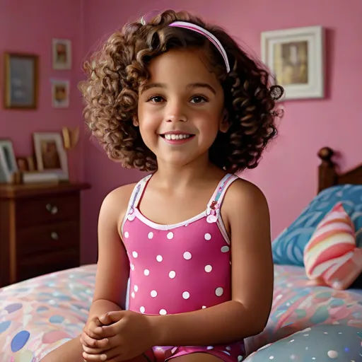 a little girl sitting on a bed with a pink wall and a pink wall behind her is a pink wall and a pink wall with a picture of a girl with a pink polka dot, precisionism, a photorealistic painting, Charly Amani, cute and adorable