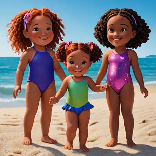 three children standing on a beach in swimsuits and one is holding hands with the other child's hand, sots art, a poster, disney, promotional image