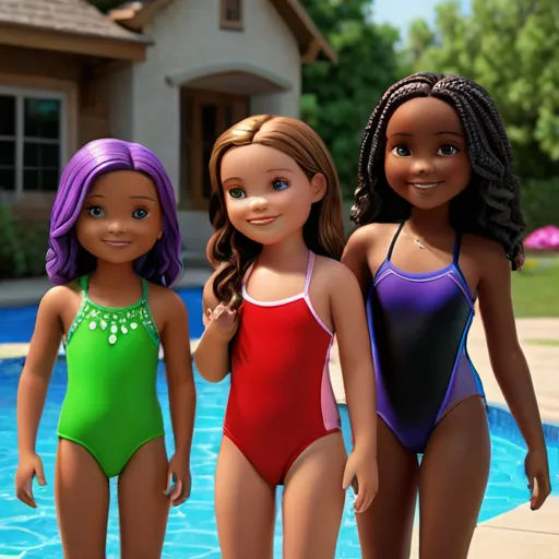 three girls in swimsuits standing in front of a pool with a house in the background and a pool in the foreground, sots art, a stock photo, disney, promotional image