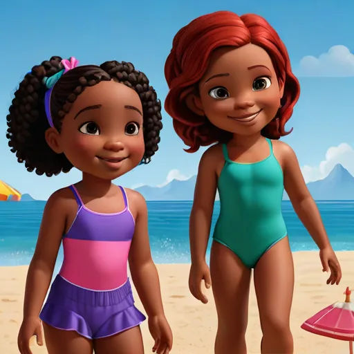 a couple of kids standing on top of a beach next to each other on a sunny day with a beach umbrella, sots art, concept art, Ada Gladys Killins, promotional image