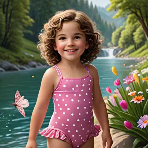 a painting of a little girl in a pink swimsuit by a river with flowers and butterflies around her, photorealism, a detailed matte painting, Bob Byerley, highly detailed digital painting