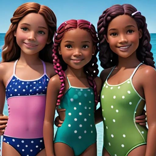 three girls in bathing suits standing next to the ocean with their arms around each other and smiling at the camera, sots art, a poster, disney, promotional image
