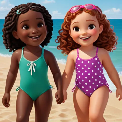 two children in swimsuits walking on the beach together, with the ocean in the background and a blue sky, photorealism, a poster, disney, pixar and disney animation