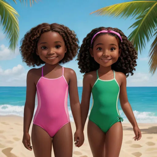 two girls in swimsuits standing on a beach near the ocean with palm trees in the background and a blue sky, photorealism, a photorealistic painting, disney, pixar and disney animation