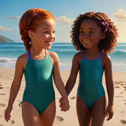 two young girls in swimsuits walking on the beach holding hands and smiling at the camera, with the sun shining behind them, photorealism, a poster, disney, pixar and disney animation