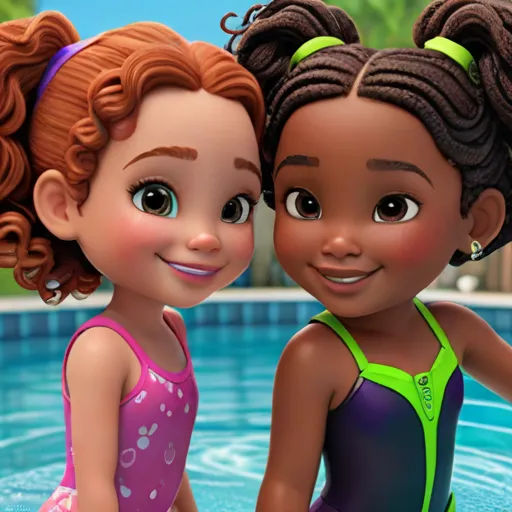 two cartoon girls in a pool with a pool floater in the background and a pool in the foreground, photorealism, a stock photo, Brigette Barrager, promotional image