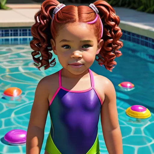 a little girl in a swimsuit standing in a pool with balls around her head and a ponytail in her hair, photorealism, a photorealistic painting, Barkley Hendricks, highly detailed digital painting
