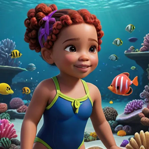 a cartoon girl in a blue swimsuit standing in front of a coral reef with fish and corals, photorealism, a character portrait, Daphne Allen, promotional image