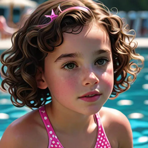 a little girl in a pink bikini in a pool with a frisbee in her hand and a pink and white polka dot bikini, photorealism, a photorealistic painting, Beatrice Huntington, photorealistic portrait