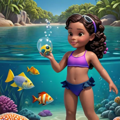a cartoon girl in a bikini holding a fish in a sea with corals and other fish around her, sots art, concept art, disney, promotional image