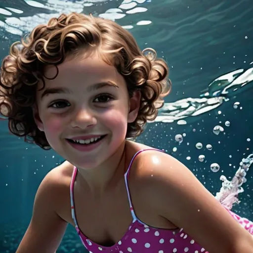 a little girl in a pink and white polka dot swimsuit under water with bubbles and a smile on her face, photorealism, a photorealistic painting, Eric Zener, highly detailed digital painting