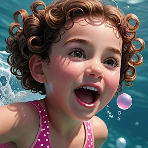 a little girl in a pink swimsuit is smiling and playing in the water with bubbles of water around her, photorealism, a photorealistic painting, Bob Byerley, highly detailed digital painting