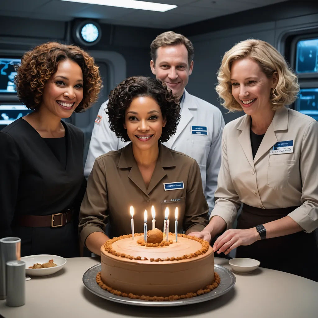 a woman in a uniform is cutting a cake with candles on it while three other people are standing behind her, private press, a poster, Constance Gordon-Cumming, promotional image