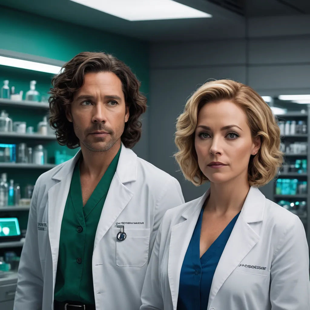 a man and a woman in white lab coats standing in a pharmacy room with shelves of medicine bottles behind them, neoplasticism, a character portrait, Dr. Atl, promotional image