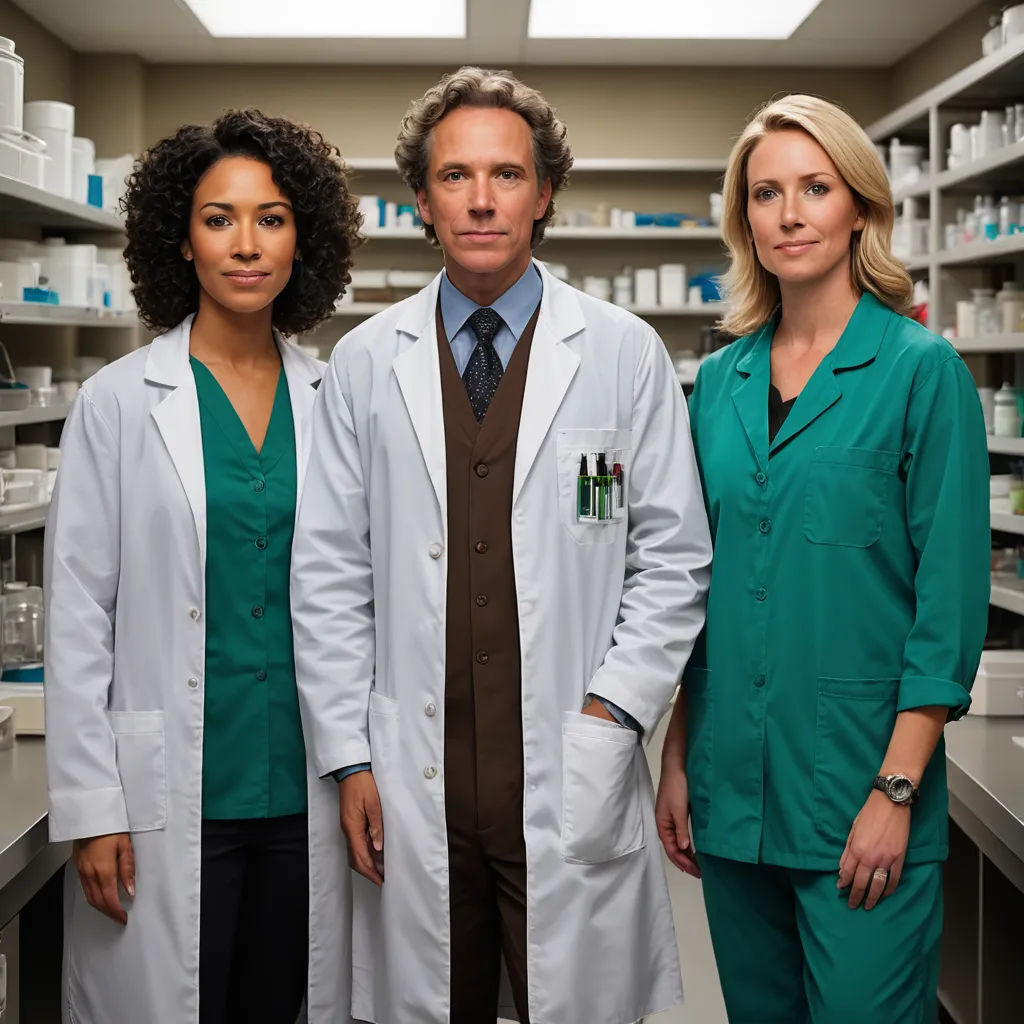 a group of doctors standing in a lab together in front of shelves of medicine supplies and bottles of medicine, neoplasticism, a character portrait, David Brewster, promotional image