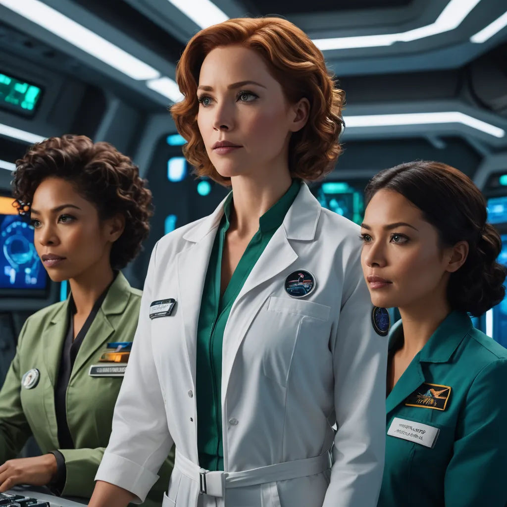 a group of women in green and white uniforms standing in front of a computer screen in a spaceship setting, futurism, a poster, Eve Ryder, promotional image