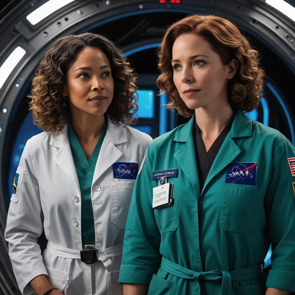 two women in green and white uniforms standing in front of a space station door with a red light on, space art, a poster, Felix-Kelly, promotional image