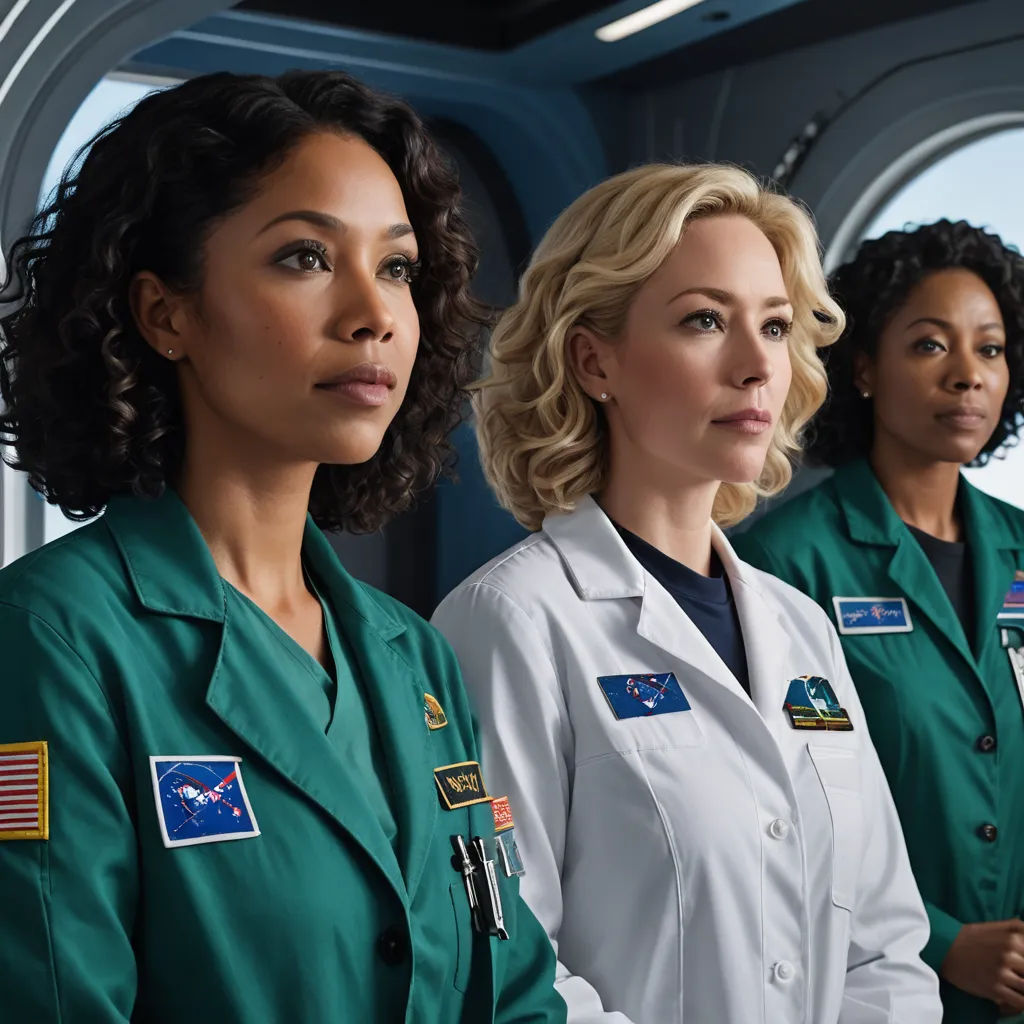 a group of women in green and white uniforms standing in a room with windows and looking at the camera, space art, a poster, Felix-Kelly, promotional image