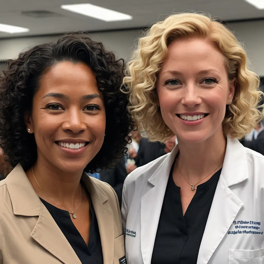 two women in white coats smile for the camera while standing next to each other in a room full of people, verdadism, a stock photo, Dr. Atl, professional photo