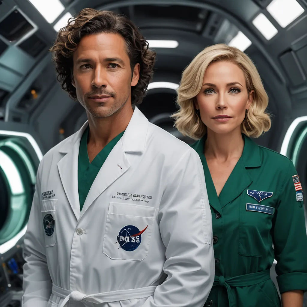 a man and a woman in white lab coats standing in a space station corridor with a green light behind them, futurism, a poster, Felix-Kelly, promotional image