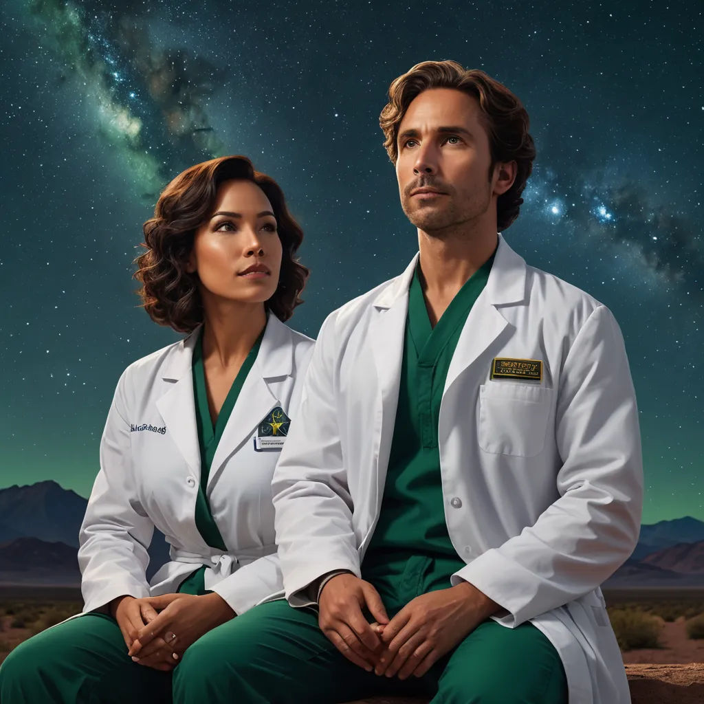 a man and a woman in white lab coats sitting on a rock under a night sky with stars and a milky background, serial art, poster art, Felix-Kelly, promotional image