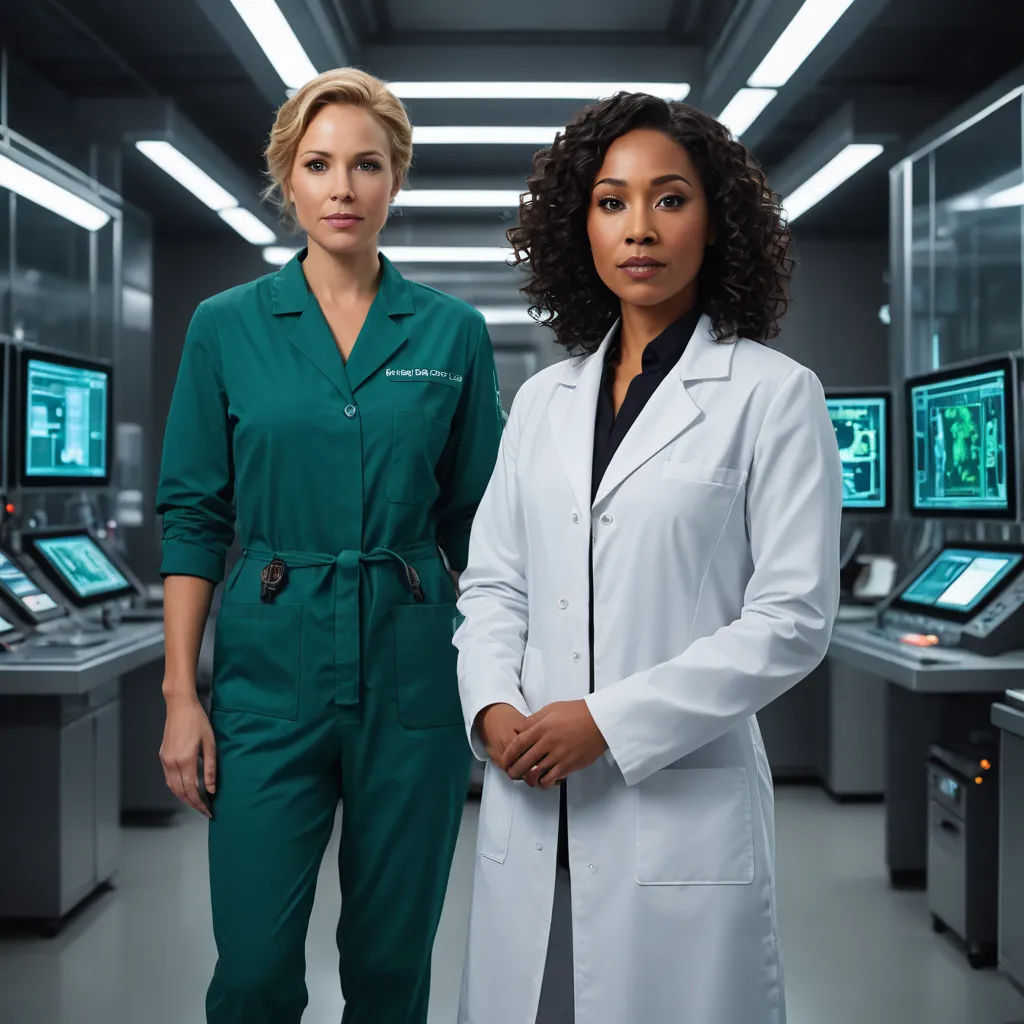 two women in green scrubs standing in a room with computers on the walls and a ceiling light above them, dau-al-set, a poster, Constance Gordon-Cumming, promotional image