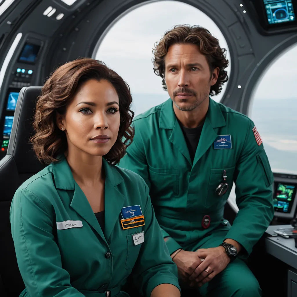 a man and a woman in green uniforms in a space station setting with a view of the ocean and mountains, afrofuturism, a poster, Felix-Kelly, promotional image