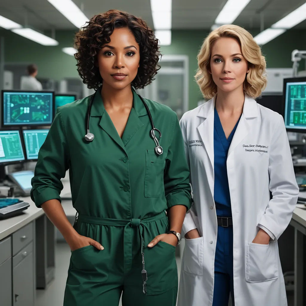 two women in scrubs standing in a room with computers on the wall and a doctor in the background, neoplasticism, a poster, Felix-Kelly, promotional image