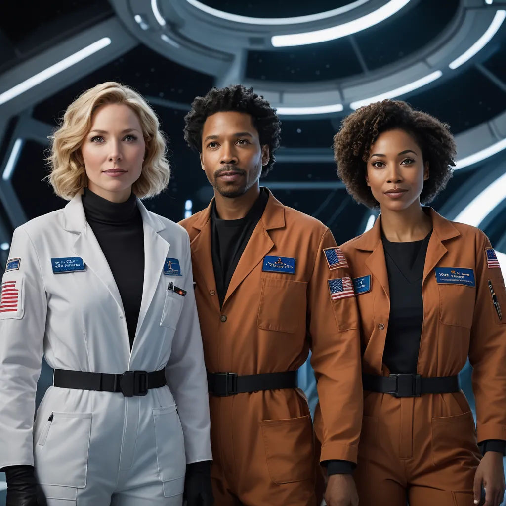 a group of three people in orange and white space suits standing in a space station with a black background, afrofuturism, a poster, Felix-Kelly, promotional image