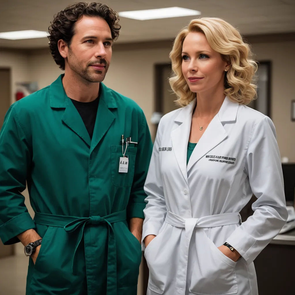 a man and a woman in green scrubs standing next to each other in a room with a white coat, international gothic, a stock photo, David Brewster, promotional image