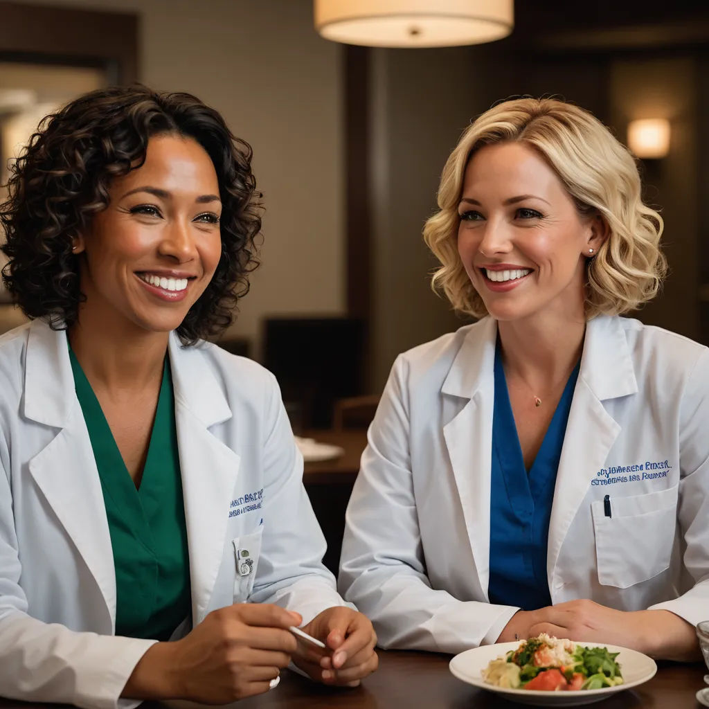 two women in white coats sitting at a table with a plate of food in front of them and a fork in the other hand, neoplasticism, a stock photo, Dr. Atl, promotional image
