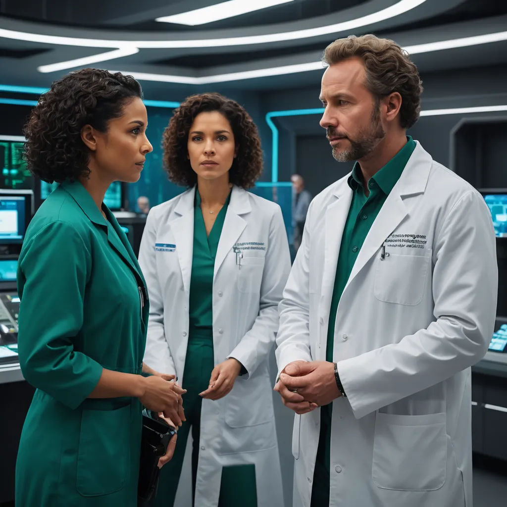 a group of doctors standing around a room together in front of monitors and a television screen with a man in a green shirt, dau-al-set, a poster, David Brewster, promotional image