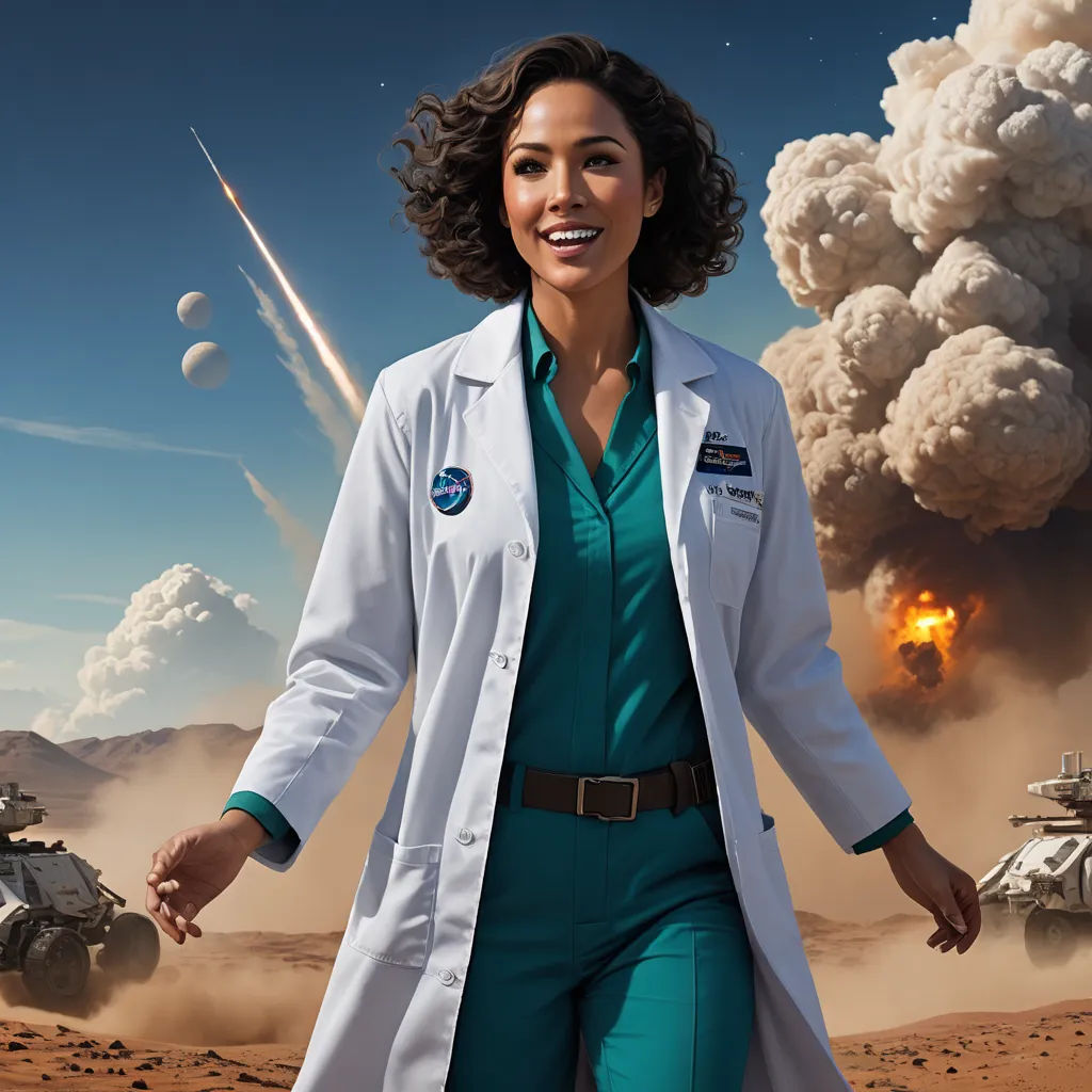 a woman in a white coat and green pants in front of a desert scene with tanks and a rocket, space art, a character portrait, Felix-Kelly, promotional image
