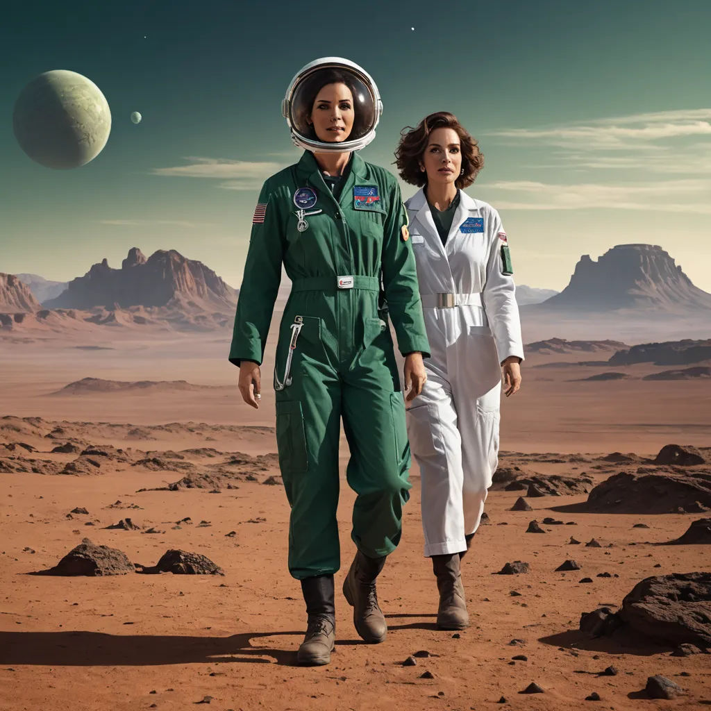 a couple of people that are walking in the dirt together in the desert with a planet in the background, retrofuturism, a detailed matte painting, Chesley Bonestell, promotional image