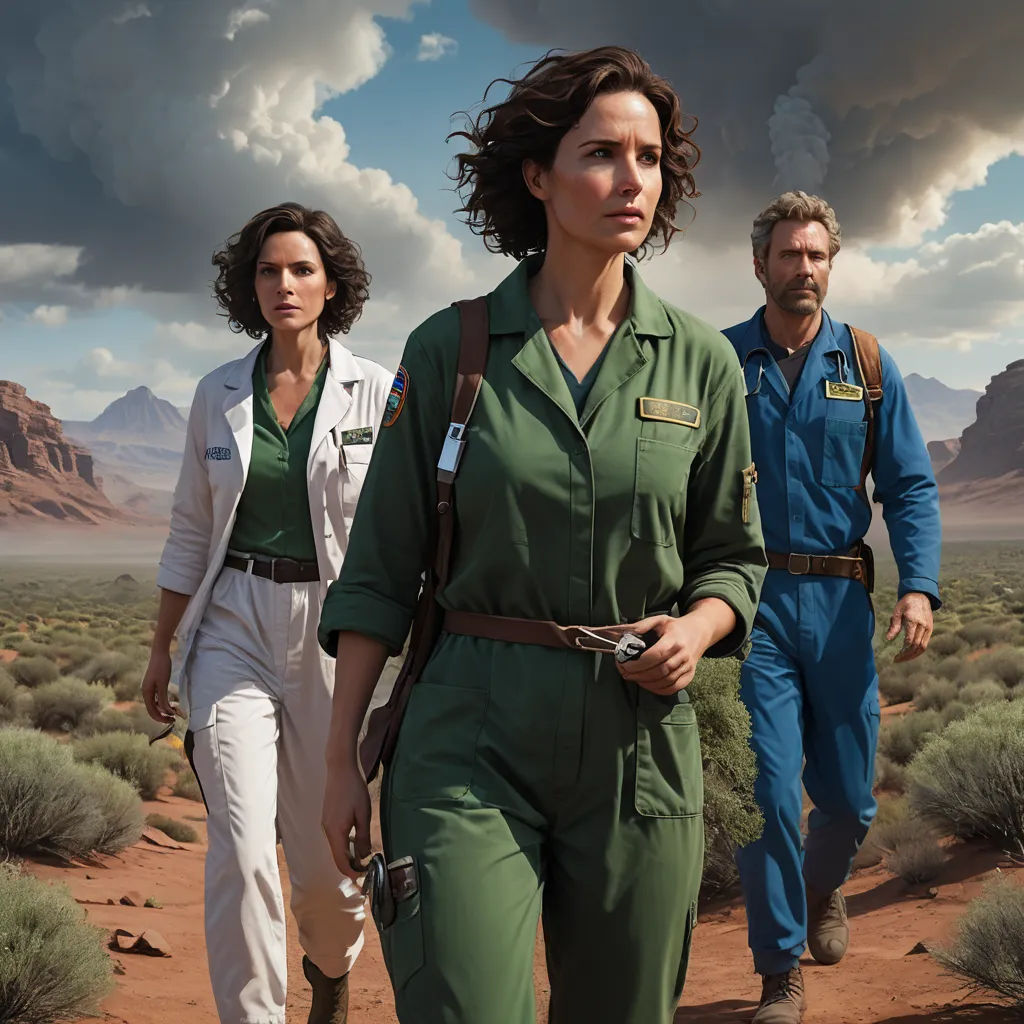 a group of people walking across a desert field with a sky background and clouds in the background, with a woman in a green jumpsuit and a man in a blue, serial art, poster art, Ada Gladys Killins, promotional image