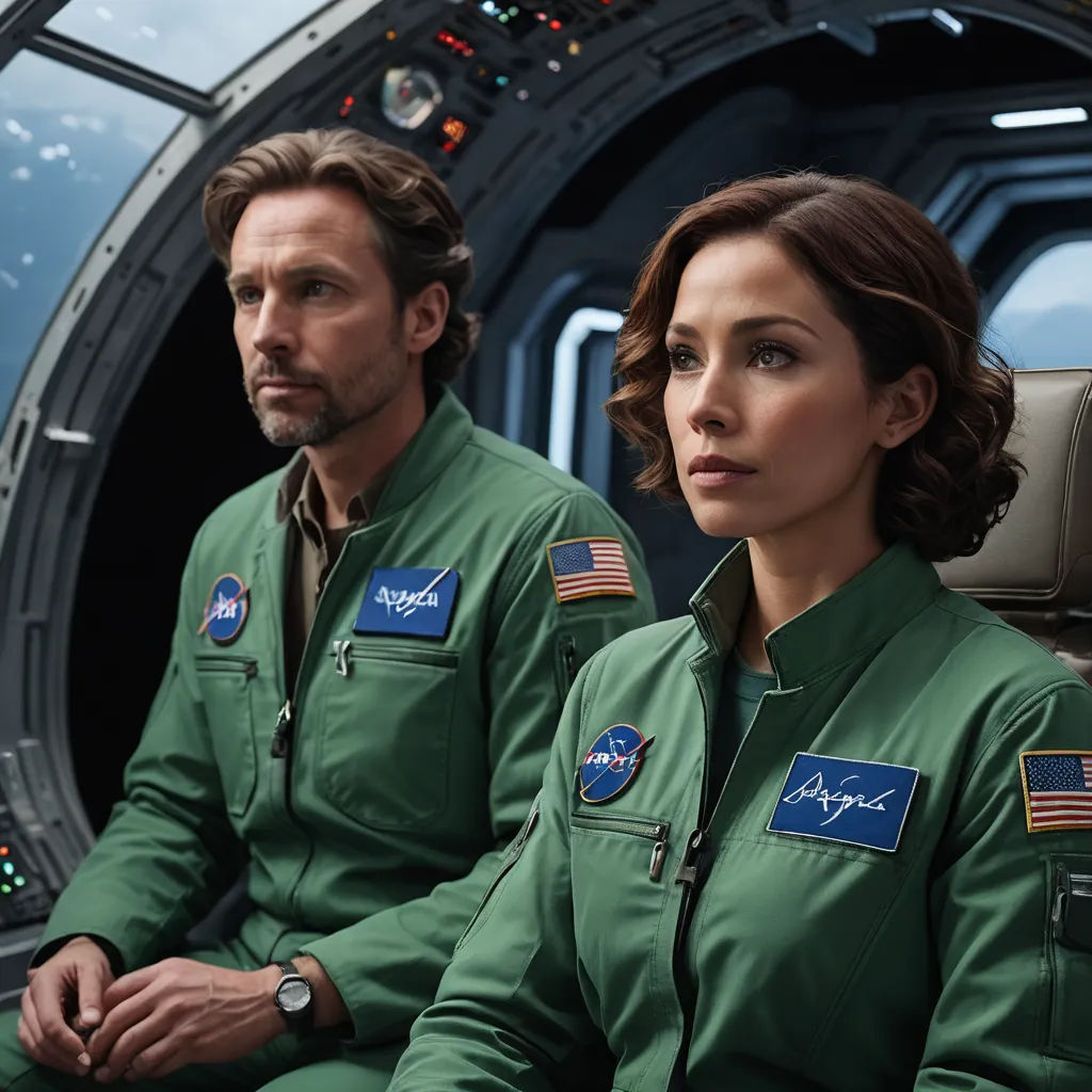 a man and a woman in green uniforms sitting in a space station looking at the camera with a view of the earth, space art, a detailed matte painting, Felix-Kelly, promotional image