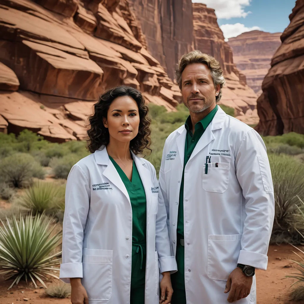 a man and a woman in white lab coats standing in front of a desert landscape with mountains and trees, neoplasticism, concept art, David Brewster, promotional image