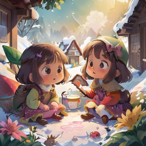 two little girls sitting on the ground in the snow with a cup of coffee in front of them and a house in the background