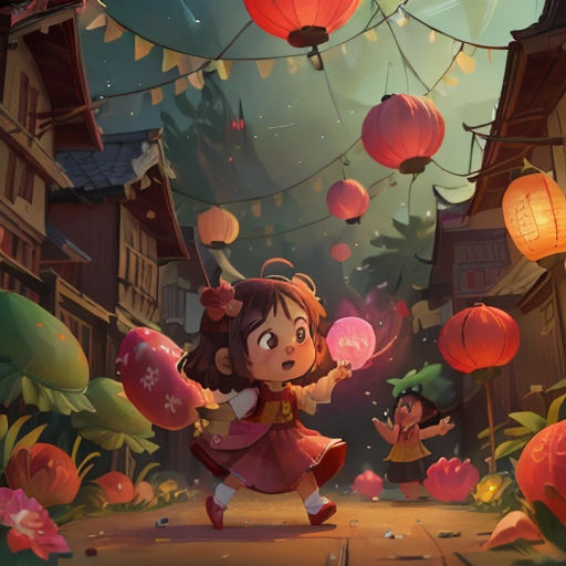 a girl is running through a street with lanterns in the air above her and a man in a red shirt is standing on a sidewalk