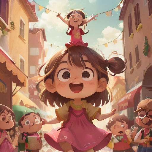 a girl is standing on top of a group of children in a city street with a sky background and a banner that says,