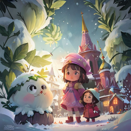 a girl and a girl standing in front of a castle with a snowman and a snowball in the foreground