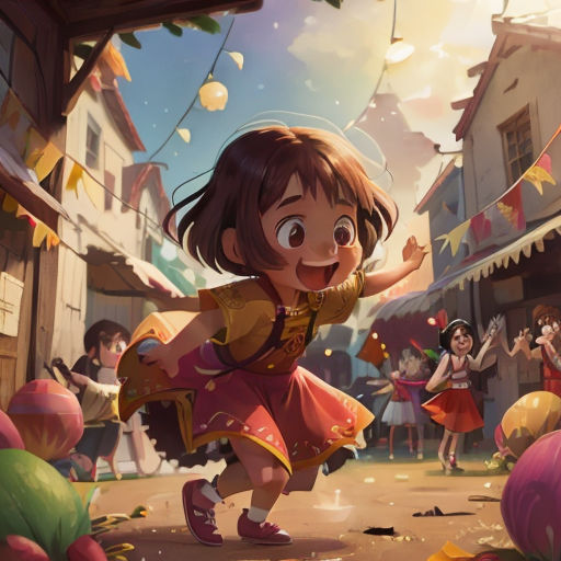 a girl in a red dress is dancing in a street with balloons and bunnies in the background and a crowd of people