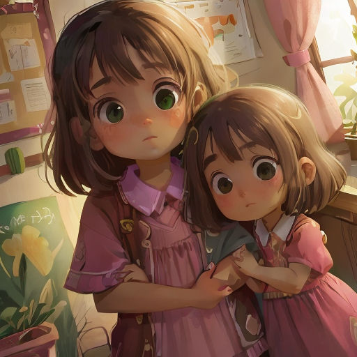 two little girls hugging each other in a room with a window and plants on the wall behind them, and a picture of a window behind them