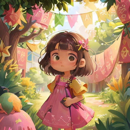a little girl standing in the middle of a forest with bunnies hanging from the trees and bunnies hanging from the trees