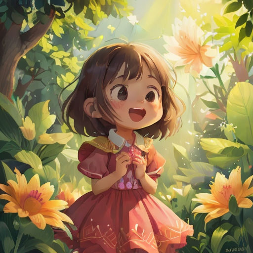 a little girl in a red dress standing in a field of flowers with a microphone in her hand and a sunbeam in the background