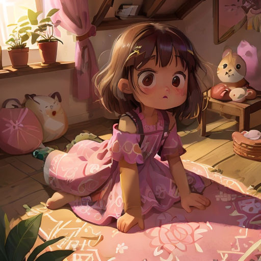 a little girl sitting on a floor in a room with stuffed animals and a teddy bear on the floor