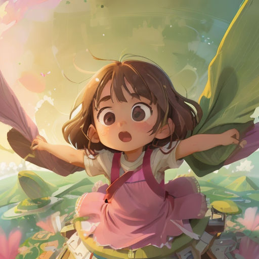 a girl with a large butterfly wings flying through the air over a field of flowers and grass, with a sky background