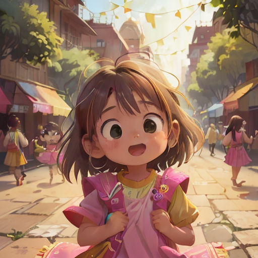 a little girl in a pink dress standing on a street with a crowd of people behind her and a yellow kite in the sky