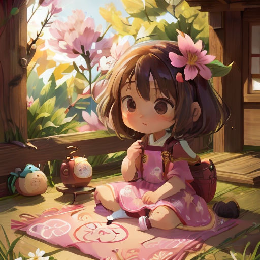 a little girl sitting on a rug in front of a window with flowers on it and a teapot