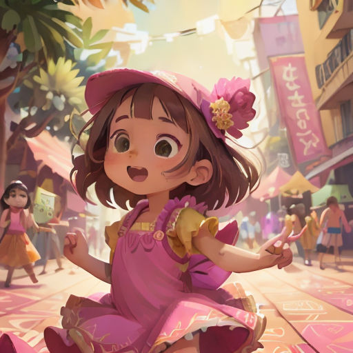a little girl in a pink dress and hat is dancing on a city street with people walking around her